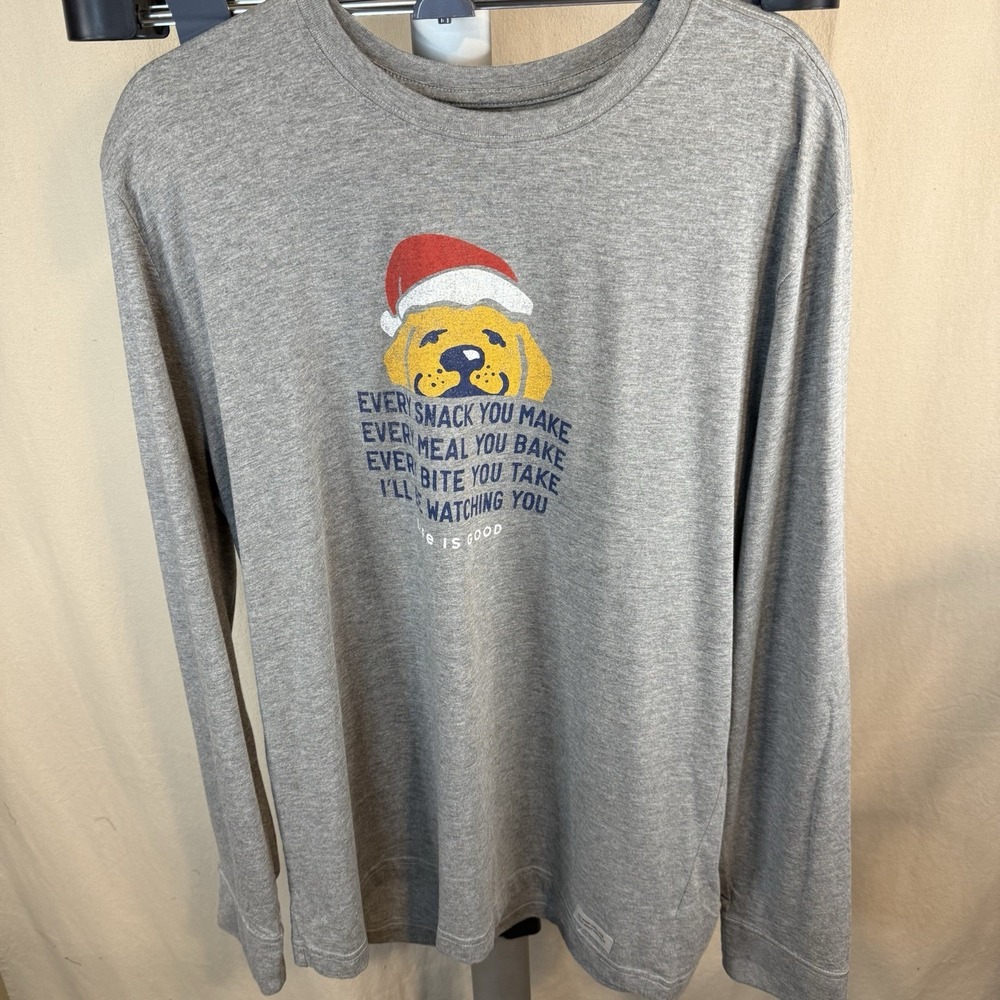 Life Is Good Shirt Holiday Men's‎ Large Crusher Tee Man's Best Friend Gray Dog